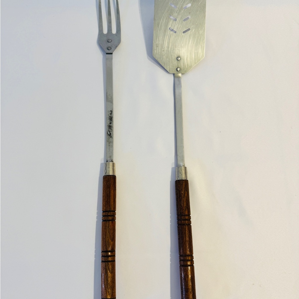 Vintage Mae Mar Wood Handled BBQ Fork and Spatula Set